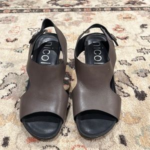 Nicole Jaylene Leather Open Toe Heels.  Charcoal 8.5